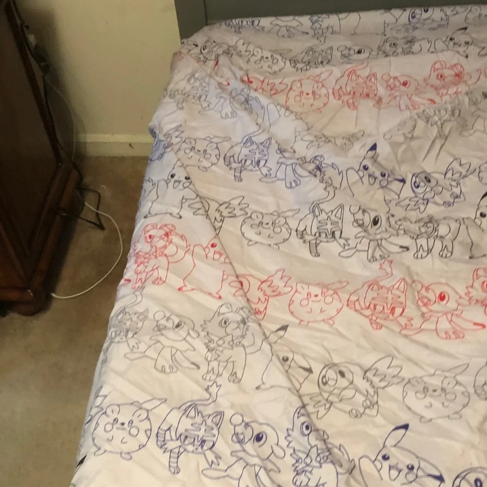 Pokemon Character Print Twin/Full Sheet - Red & Blue Line Art on White